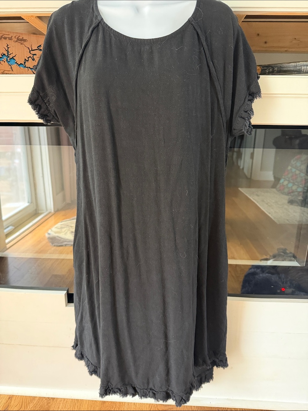 Zenana Outfitters Black Fringe-Trim Midi Tunic Dress